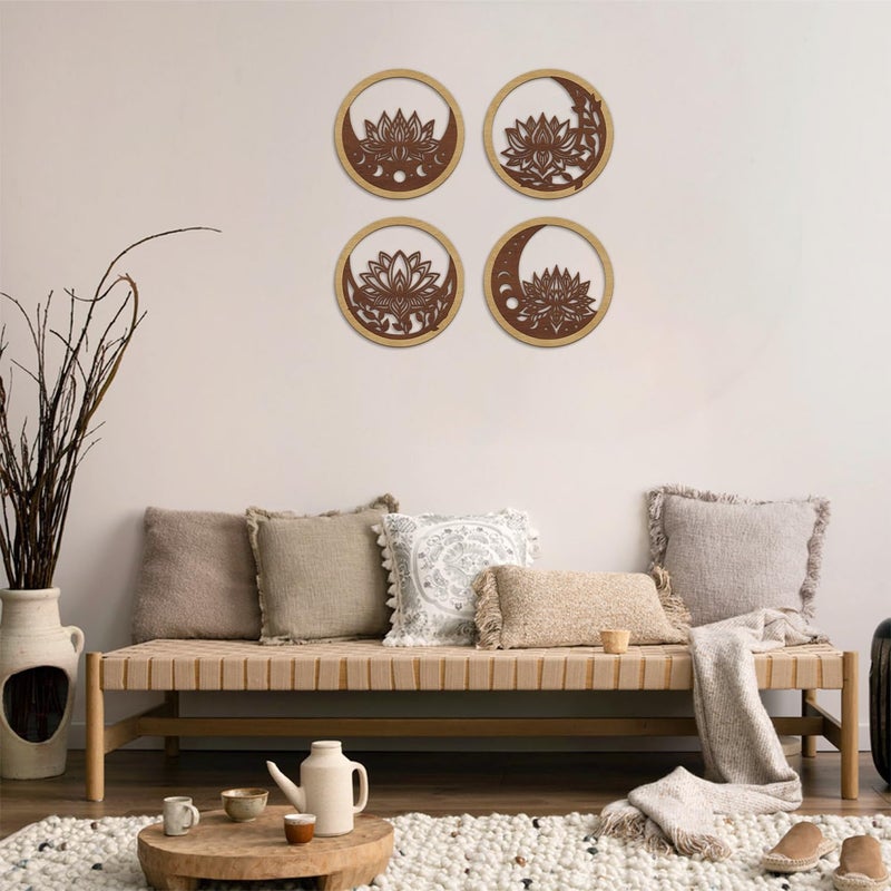 TOARTi 4PCS Buddha Brown Lotus Wooden Wall Art Vintage Mandala Lotus Wall Decor for Living Room Office Bathroom Artwork Indian Mandala Flower Hanging Plaque Abstract Mandala Wood Sign for Yoga Room - Image 5