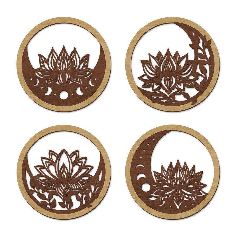 TOARTi 4PCS Buddha Brown Lotus Wooden Wall Art Vintage Mandala Lotus Wall Decor for Living Room Office Bathroom Artwork Indian Mandala Flower Hanging Plaque Abstract Mandala Wood Sign for Yoga Room - Image 1