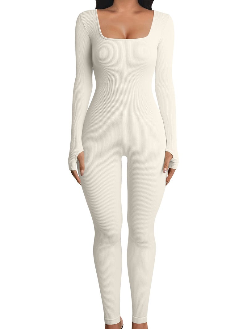 YIOIOIO Women Workout Seamless Jumpsuit Yoga Ribbed One Piece Long Sleeve Leggings Romper - Image 1