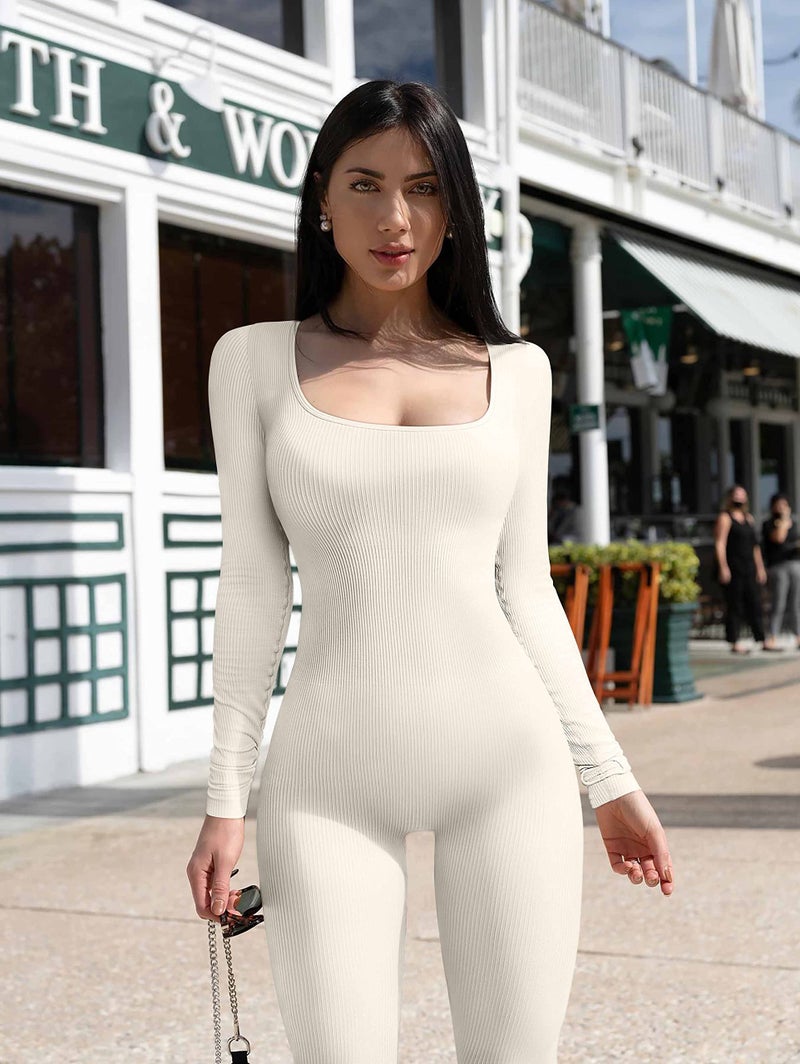 YIOIOIO Women Workout Seamless Jumpsuit Yoga Ribbed One Piece Long Sleeve Leggings Romper - Image 5