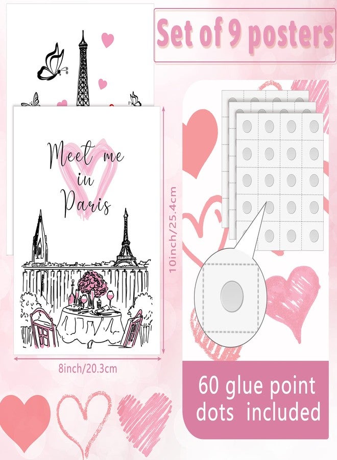 Spakon 9 Pieces Paris Bathroom Decor Paris Theme Wall Art Room Decor Romantic Pink Eiffel Tower Wall Art Bedroom Pictures - Image 2