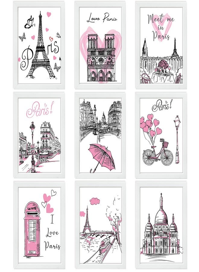 Spakon 9 Pieces Paris Bathroom Decor Paris Theme Wall Art Room Decor Romantic Pink Eiffel Tower Wall Art Bedroom Pictures - Image 1