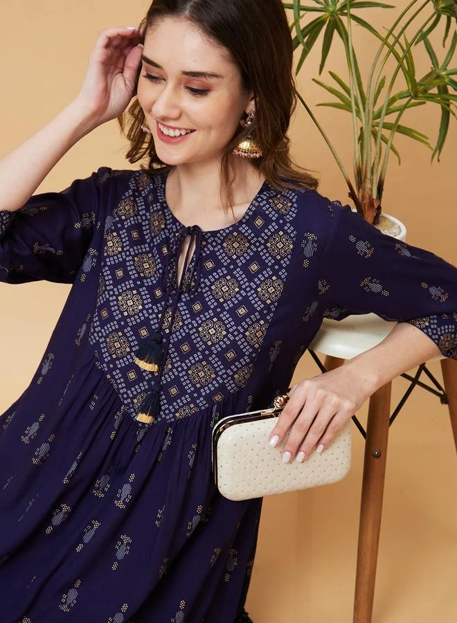globus Globus Women Blue Printed Tie-Up Neck A-Line Mini Dress