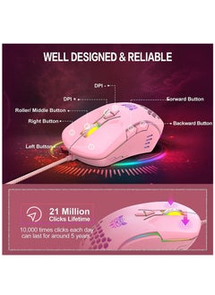 KASTWAVE ماوس ألعاب سلكي، بإضاءة خلفية RGB بدقة 6400 نقطة في البوصة، ماوس ألعاب قابل للتعديل، مقبض مريح، فأرة ألعاب بصرية ملونة للكمبيوتر الشخصي تعمل بنظام Windows 7/8/10/XP Vista Linux (وردي)  - Image 4