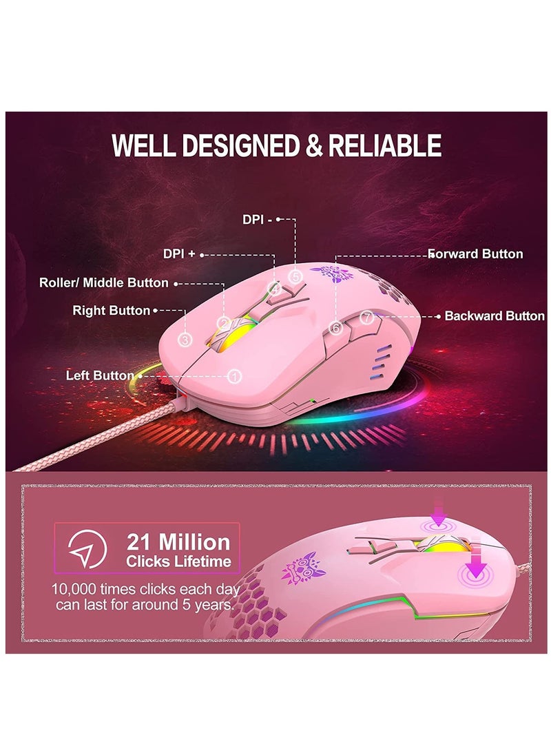 KASTWAVE - ماوس ألعاب سلكي، بإضاءة خلفية RGB بدقة 6400 نقطة في البوصة، ماوس ألعاب قابل للتعديل، مقبض مريح، فأرة ألعاب بصرية ملونة للكمبيوتر الشخصي تعمل بنظام Windows 7/8/10/XP Vista Linux (وردي) - Image 1
