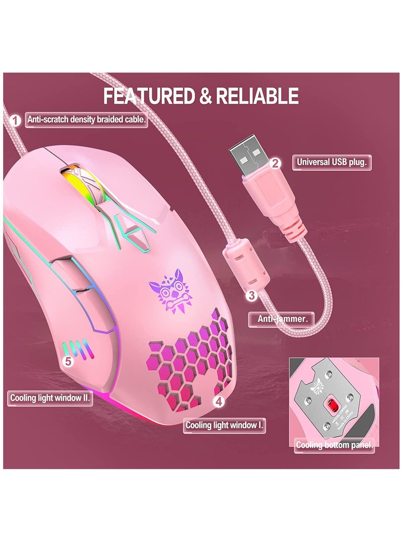 KASTWAVE - ماوس ألعاب سلكي، بإضاءة خلفية RGB بدقة 6400 نقطة في البوصة، ماوس ألعاب قابل للتعديل، مقبض مريح، فأرة ألعاب بصرية ملونة للكمبيوتر الشخصي تعمل بنظام Windows 7/8/10/XP Vista Linux (وردي) - Image 1