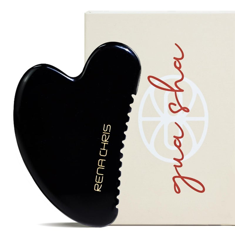 Rena Chris Gua Sha Facial Tools Natural Obsidian Gua Sha with Teeth for Face Body Manual Massage Sticks for Jawline Sculpting and Puffiness Reducing Facial Massage Tool SkinCare Black