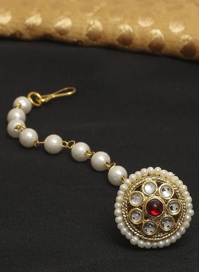 OOMPHelicious Jewellery Red Kundan & Pearls Bridal Ethnic Borla MaangTikka For Women & Girls Stylish Latest (MTDP9_CC2) - Image 4
