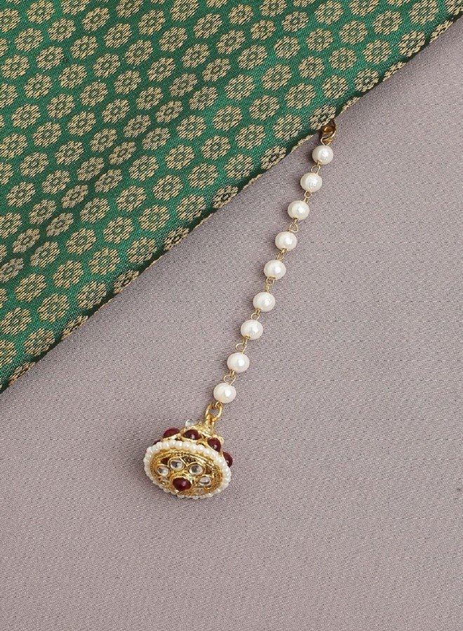 OOMPHelicious Jewellery Red Kundan & Pearls Bridal Ethnic Borla MaangTikka For Women & Girls Stylish Latest (MTDP9_CC2) - Image 5