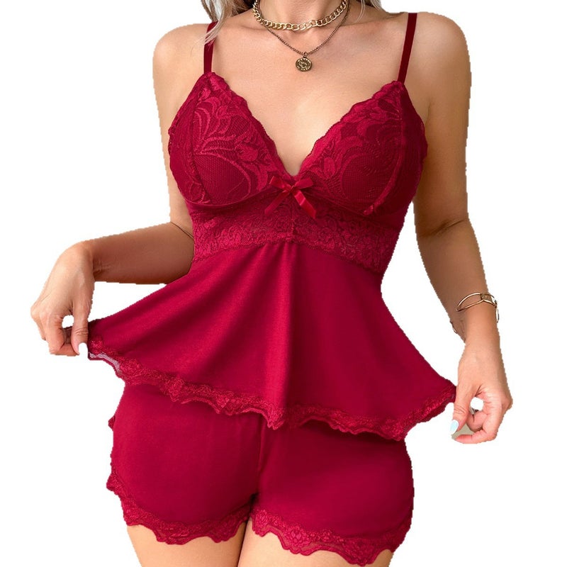 طقم بيجامة نسائية بحمالات دانتيل وشورت - Image 5