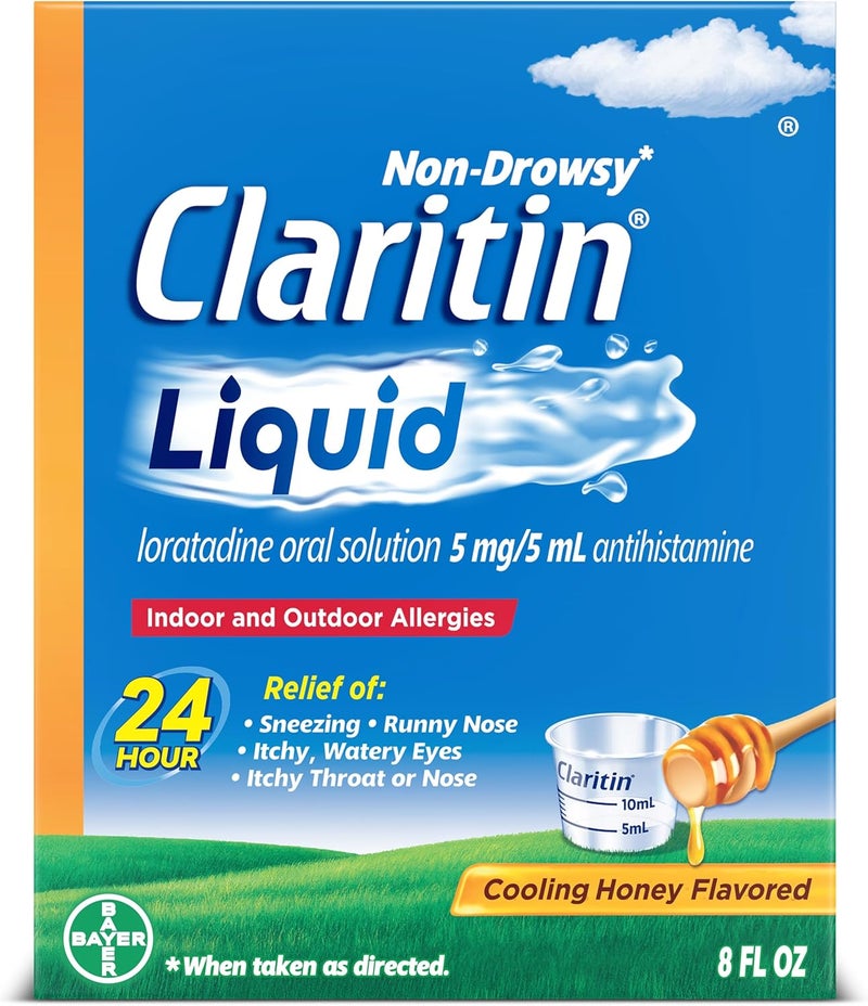 Claritin كلاريتين سائل دواء الحساسية للبالغين 24 ساعة غير مسبب للنعاس لوراتادين 5 ملغ مضاد للهستامين بنكهة العسل المنعشة 8 أونصة سائلة - Image 1