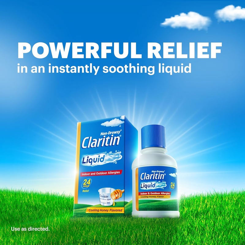 Claritin كلاريتين سائل دواء الحساسية للبالغين 24 ساعة غير مسبب للنعاس لوراتادين 5 ملغ مضاد للهستامين بنكهة العسل المنعشة 8 أونصة سائلة - Image 2