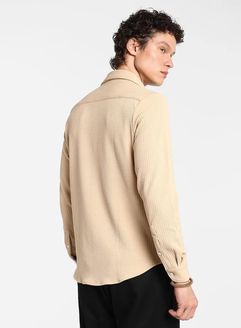 Campus Sutra Men's Butter Yellow Stripe-Creased Shirt For Casual Wear | Spread Collar | Long Sleeve | Button Closure | Shirt Crafted With Comfort Fit For Everyday Wear