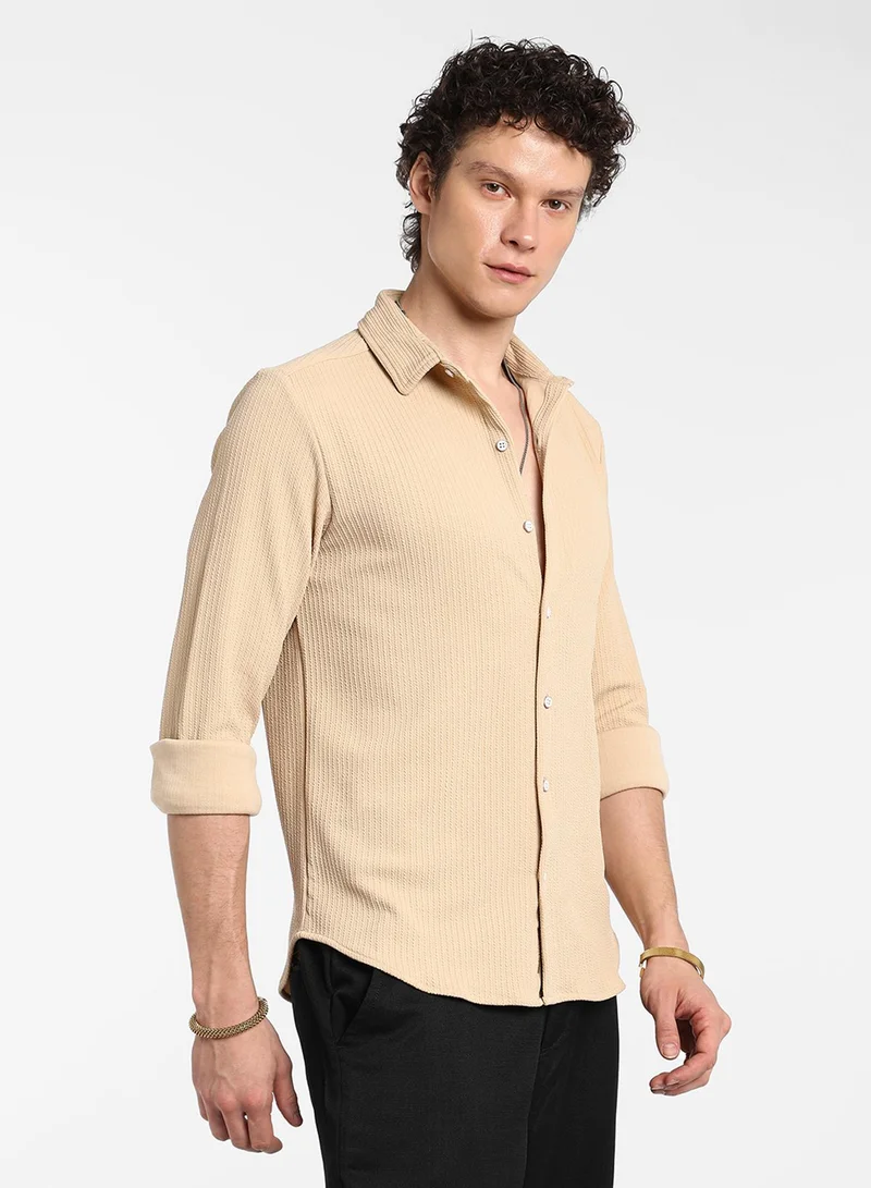 Campus Sutra Men's Butter Yellow Stripe-Creased Shirt For Casual Wear | Spread Collar | Long Sleeve | Button Closure | Shirt Crafted With Comfort Fit For Everyday Wear