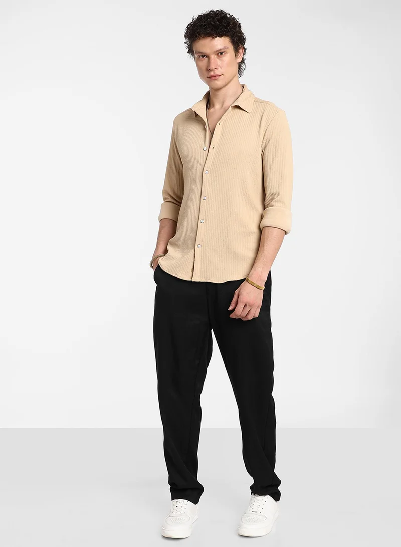 Campus Sutra Men's Butter Yellow Stripe-Creased Shirt For Casual Wear | Spread Collar | Long Sleeve | Button Closure | Shirt Crafted With Comfort Fit For Everyday Wear