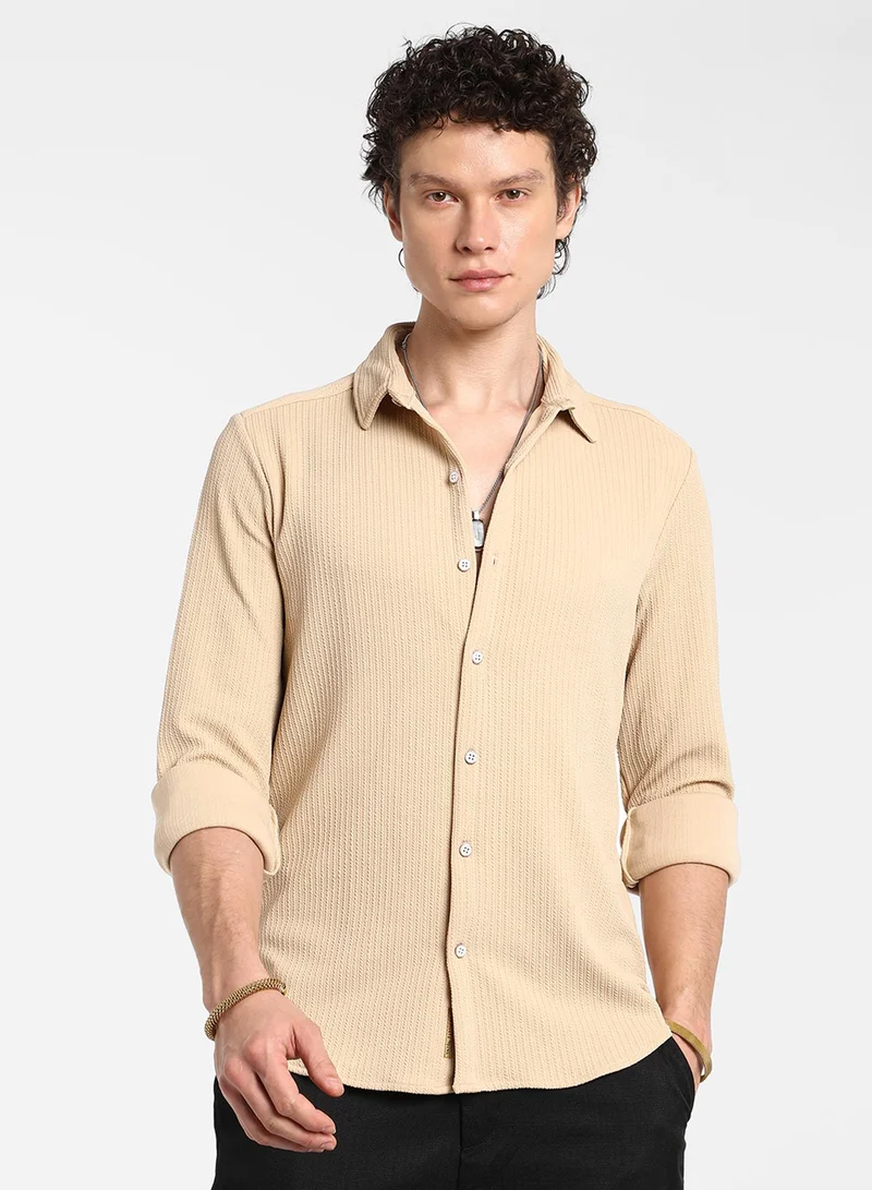 Campus Sutra Men's Butter Yellow Stripe-Creased Shirt For Casual Wear | Spread Collar | Long Sleeve | Button Closure | Shirt Crafted With Comfort Fit For Everyday Wear