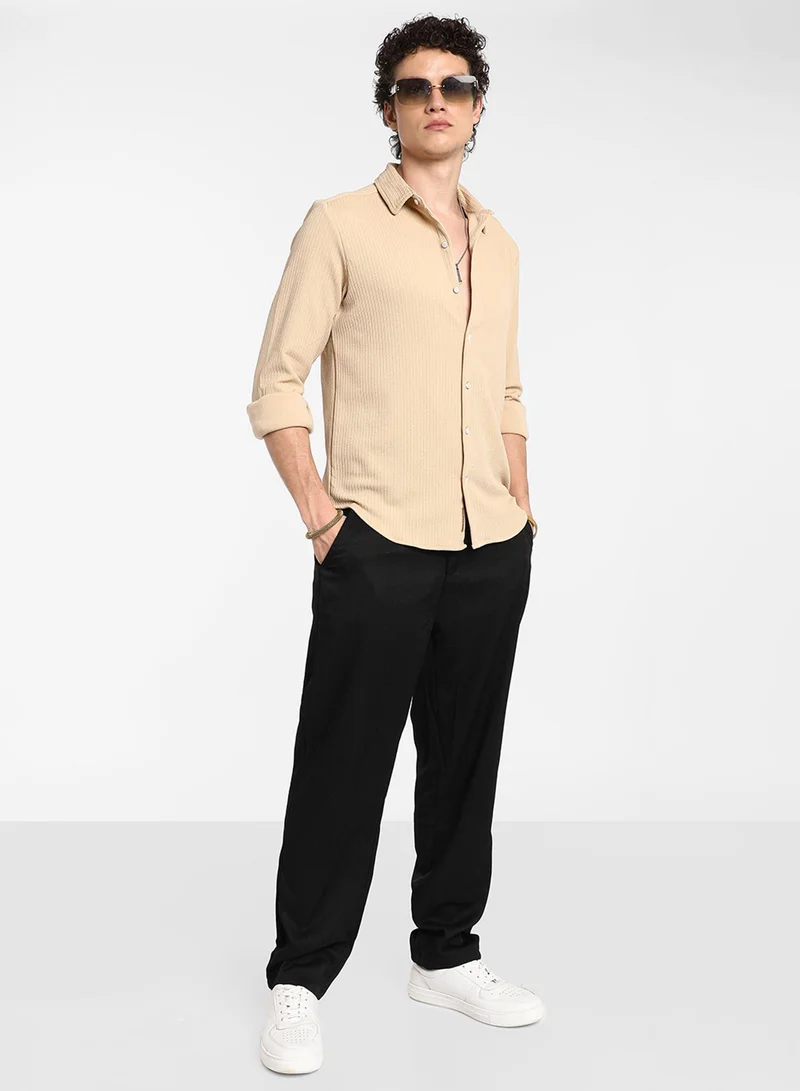Campus Sutra Men's Butter Yellow Stripe-Creased Shirt For Casual Wear | Spread Collar | Long Sleeve | Button Closure | Shirt Crafted With Comfort Fit For Everyday Wear