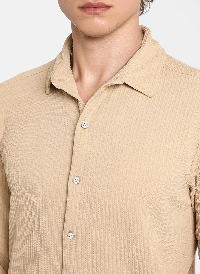 Campus Sutra Men's Butter Yellow Stripe-Creased Shirt For Casual Wear | Spread Collar | Long Sleeve | Button Closure | Shirt Crafted With Comfort Fit For Everyday Wear