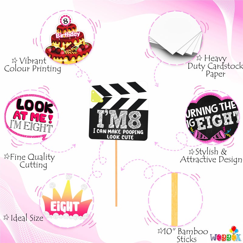 WOBBOX Eight Birthday Photo Booth Party Props Pink for Baby Girl, 8th Birthday Decorations for Girl, Kids Birthday Party Decoration Items - Image 4