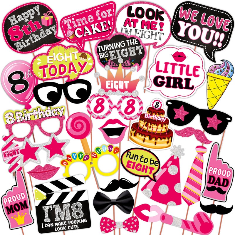 WOBBOX Eight Birthday Photo Booth Party Props Pink for Baby Girl, 8th Birthday Decorations for Girl, Kids Birthday Party Decoration Items - Image 1