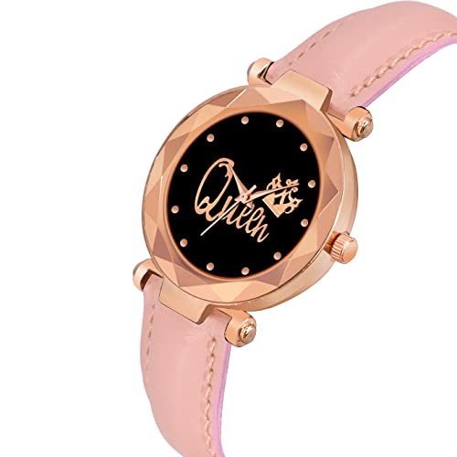 CERO Pack of 2 Queen Dial Leathers Strap Analog Women and Girls Watch (Black & Pink) - Image 5