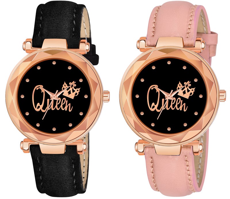 CERO Pack of 2 Queen Dial Leathers Strap Analog Women and Girls Watch (Black & Pink) - Image 2