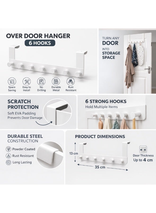 Selecto Hub Over Door Hanger Rack with 6 Hooks – White Steel Door Hook Organizer for Bathroom, Bedroom & Closet – Scratch Protection, Space Saving Hanging Rack - Image 1