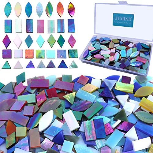 LITMIND Iridescent Glass Mosaic Tiles for Crafts, 240 Pieces 5 Shapes Mixed Stained Glass Sheets, Mosaic Kits for Adults (Iridescent Mix) - Image 1