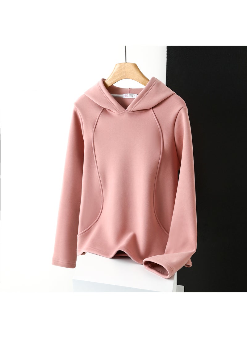 Generic - Winter chic velvet windproof sweater womens hooded solid color fleece-lined plus thick velvet composite drawstring stitching pullover hoodie Brown - Image 1