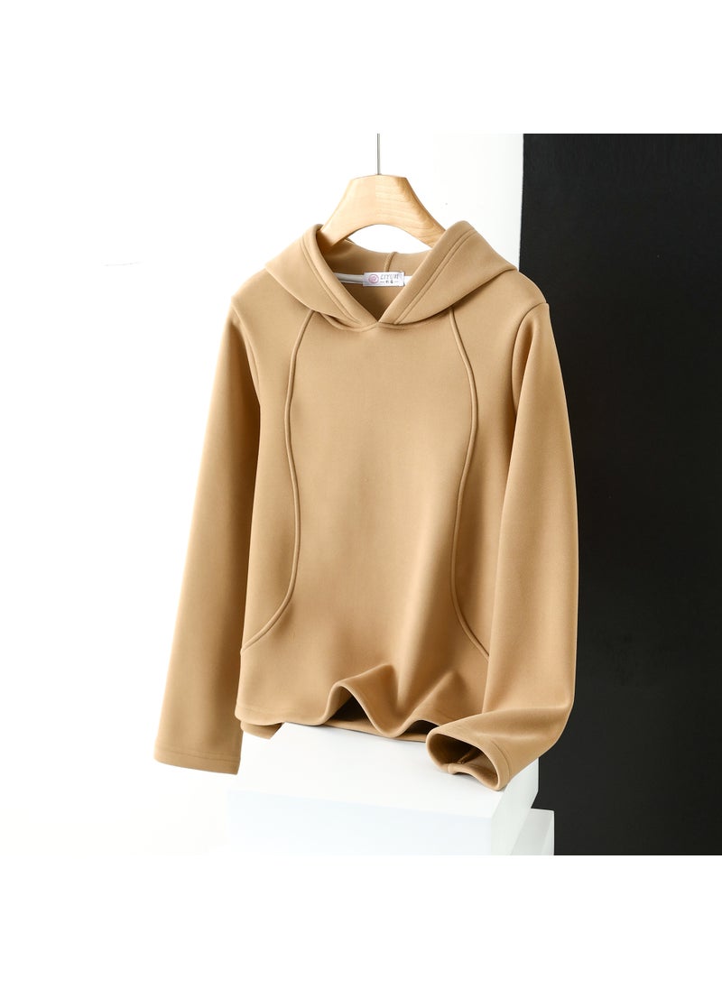 Generic - Winter chic velvet windproof sweater womens hooded solid color fleece-lined plus thick velvet composite drawstring stitching pullover hoodie Brown - Image 1