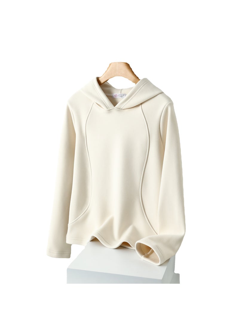 Generic - Winter chic velvet windproof sweater womens hooded solid color fleece-lined plus thick velvet composite drawstring stitching pullover hoodie Brown - Image 1