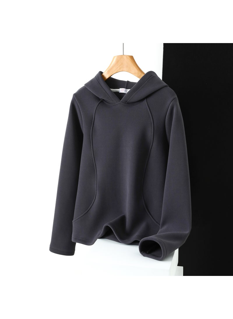 Generic - Winter chic velvet windproof sweater womens hooded solid color fleece-lined plus thick velvet composite drawstring stitching pullover hoodie Brown - Image 1