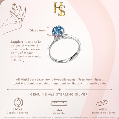 HighSpark 925 Silver Sparkling Martini Solitaire Ring for Women | 92.5 Sterling Silver & Diamond like Brilliance Sparkling Zirconia | Lovely Gift - Sapphire - Image 2