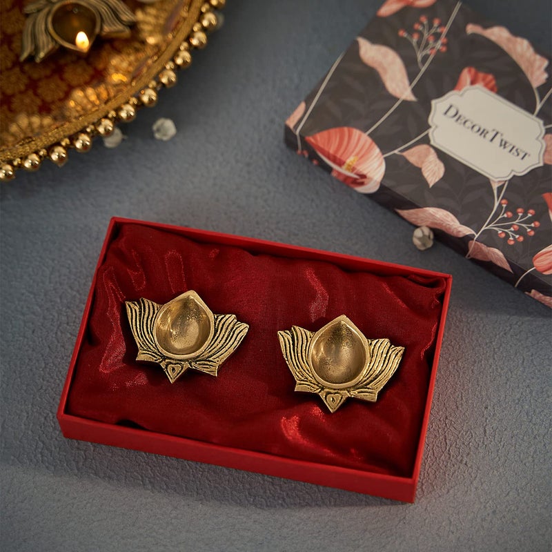 DecorTwist DecorTwist Brass Diya for Puja Lotus Diya with Gift Box in Gold Antique Finished Aarti Diya Deepak Deepam Oil Lamp for Pooja Room Home Temple Diwali Decoration Puja Articles Brass Decor Gift Items  - Image 1