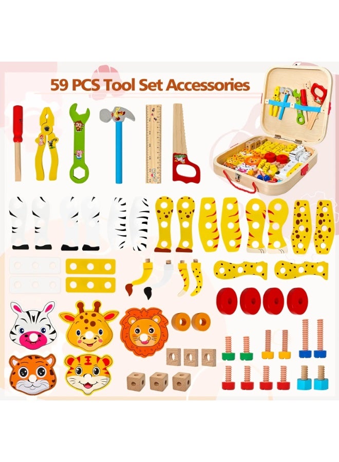 Capstro Wooden Tool Box Toy Set for Kids – Assembly Construction Kit with Hammer, Wrench, Screws, Nuts & DIY Building Pieces, Montessori Pretend Play Building Toy – Animal Tool Box - Image 3