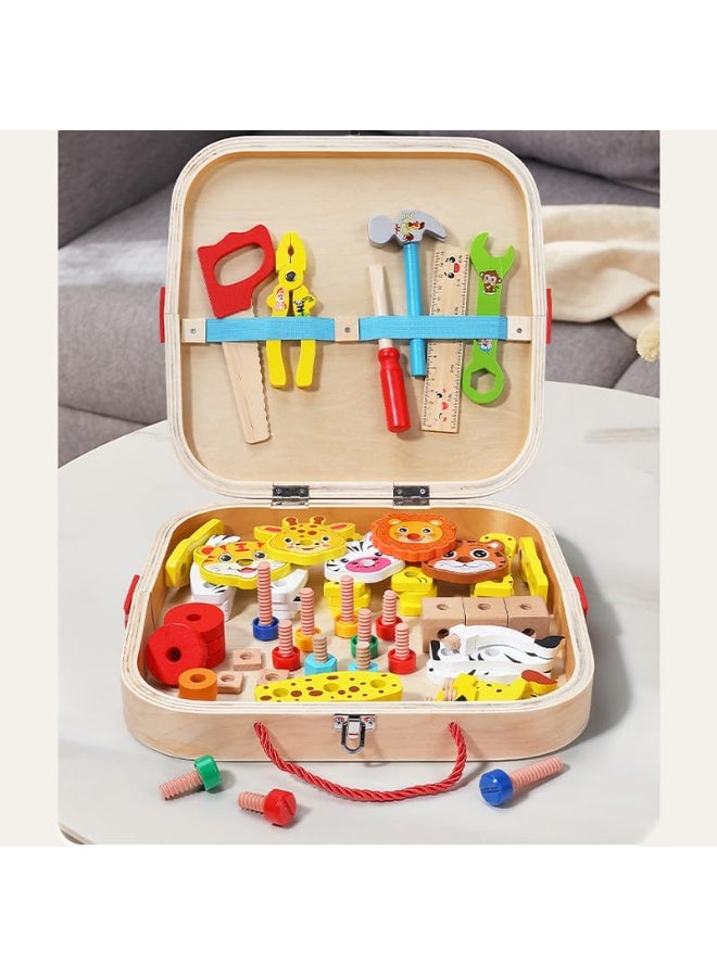 Capstro Wooden Tool Box Toy Set for Kids – Assembly Construction Kit with Hammer, Wrench, Screws, Nuts & DIY Building Pieces, Montessori Pretend Play Building Toy – Animal Tool Box - Image 2