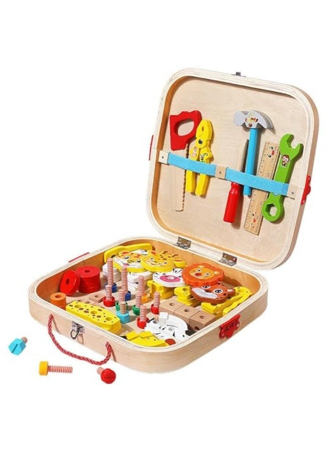 Capstro Wooden Tool Box Toy Set for Kids – Assembly Construction Kit with Hammer, Wrench, Screws, Nuts & DIY Building Pieces, Montessori Pretend Play Building Toy – Animal Tool Box - Image 1