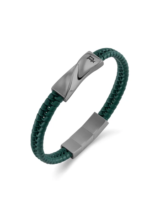 POLICE Contorto Green Braided Leather Bracelet for Men