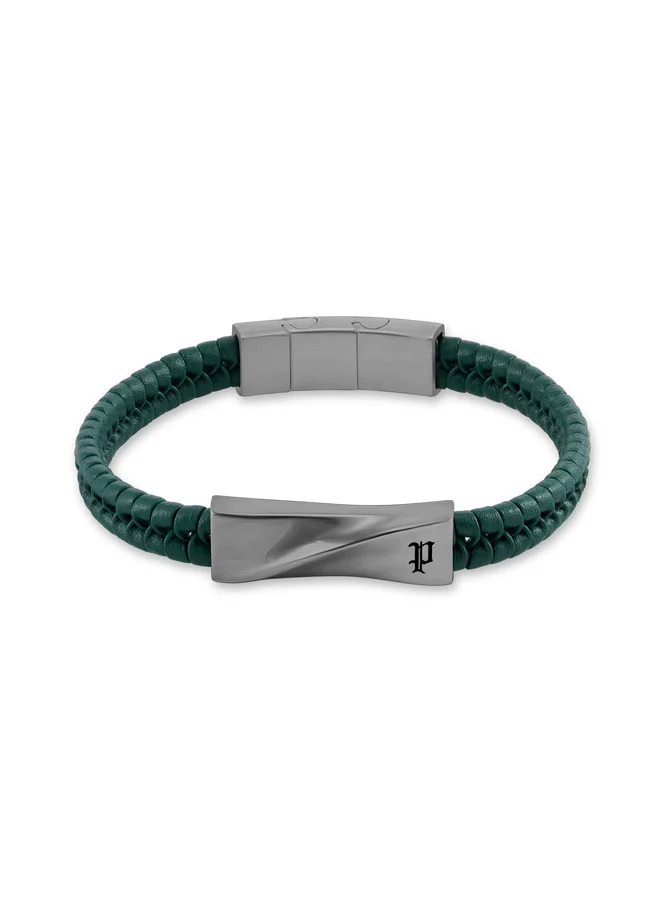 POLICE Contorto Green Braided Leather Bracelet for Men
