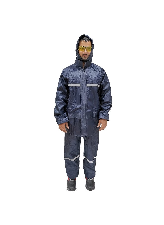 Workman - WORMAN Rain Suit DW05 Oxford Material with Reflective strips  | Waterproof Jacket & Trouser Set with Fixed Hood and Reflective Tape | Navy | Size-L - Image 1