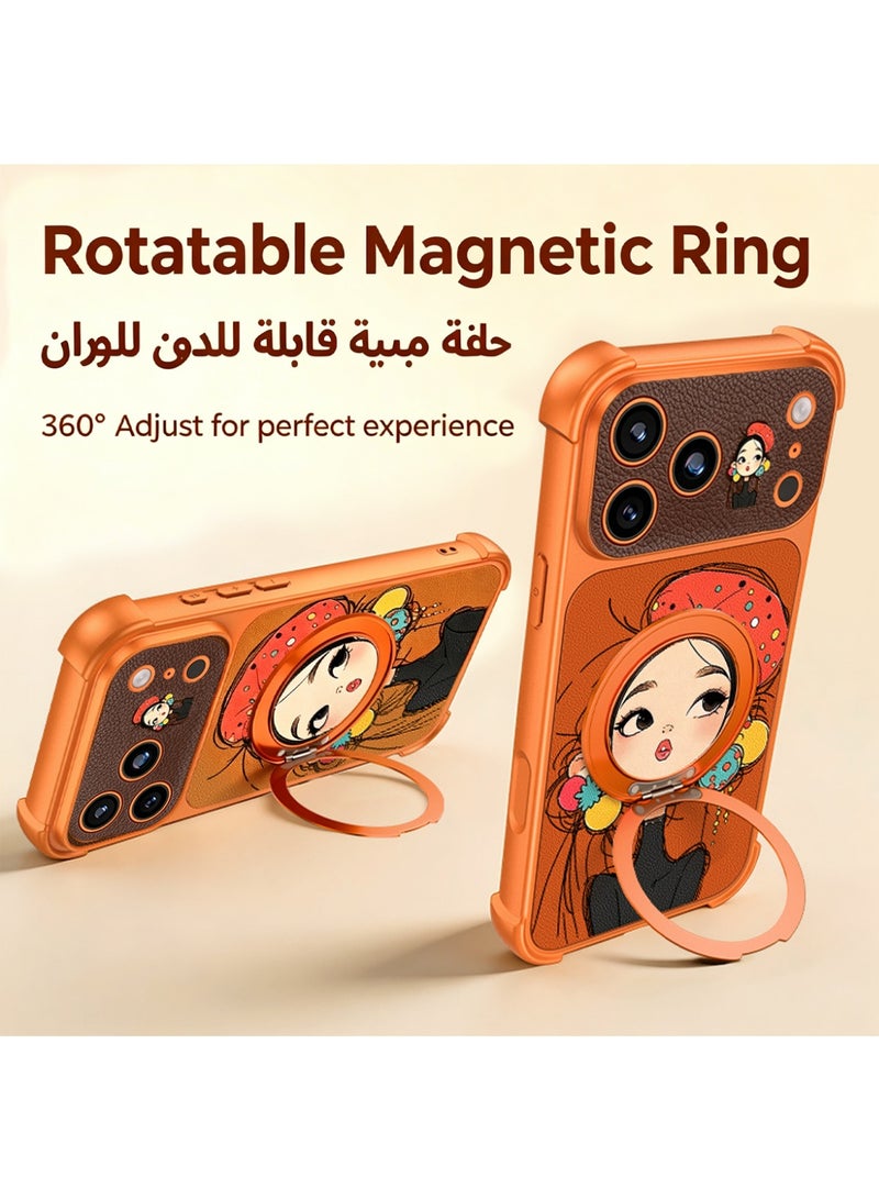 Bincoo iPhone 17 Pro Max Case, Stylish Painting With 360° Rotatable Stand Strong Magnetic Women Girl IPhone Cover Anti-Yellow & Anti-Scratch, Ultra Slim, for iPhone 17 Pro Max Phone Ring Cover Compatible with MagSafe Phone Accessory (Orange) - Image 2