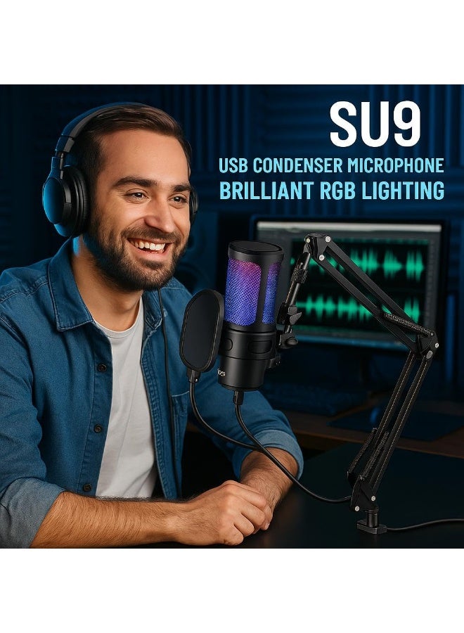 مجموعة ميكروفون مكثف USB طراز SU9، 192 كيلوهرتز/24 بت، مع ذراع بوم وفلتر بوب - Image 3