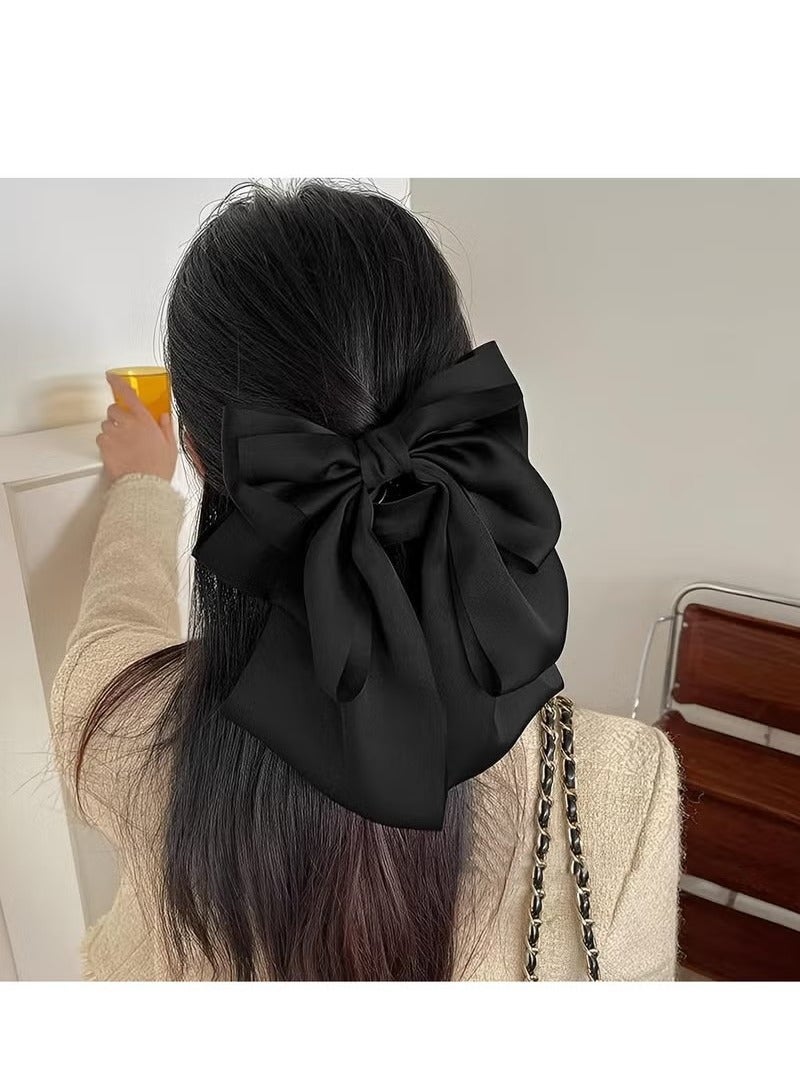 Big Bow Hair Clips Large Black Bowknot Hair Claw with Long Tail Satin Silk Butterfly Bow Hair Barrette Hair Accessory for Women Girls - Image 2