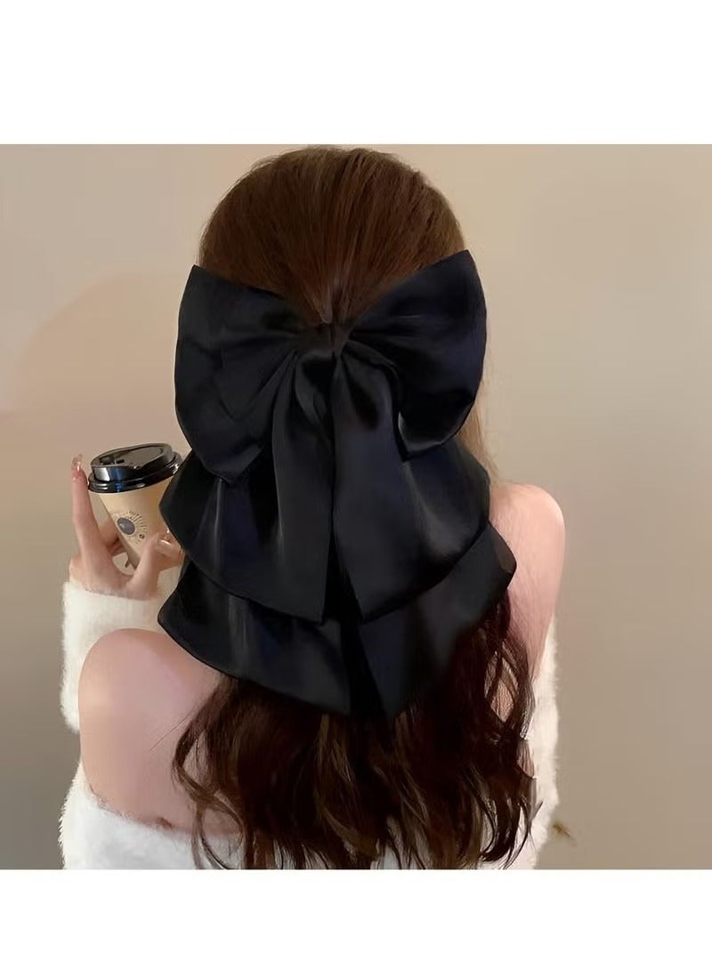 Big Bow Hair Clips Large Black Bowknot Hair Claw with Long Tail Satin Silk Butterfly Bow Hair Barrette Hair Accessory for Women Girls - Image 3