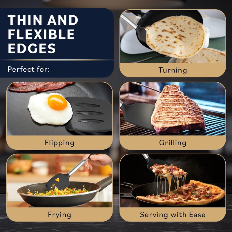 HomeHero Home Hero Silicone Spatula Set - Heat Resistant Spatulas for Cooking - Ergonomic Stainless Steel Cooking Utensils - Solid & Slotted Silicone Turners - Pack of 2, Black - Image 4