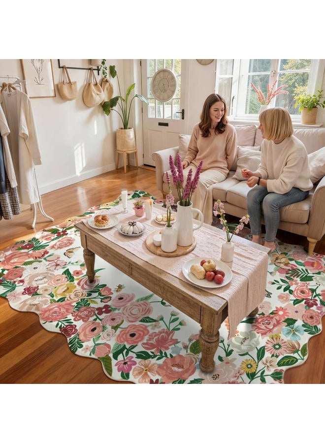 Wonnitar Washable 5x7 Rug for Living Room, Pink Camellia Floral Rugs for Bedroom Girls, Non-Slip Soft Scalloped Flower Floor Carpet for Kids Nursery Room Decor(Pink,5'x7') - Image 2