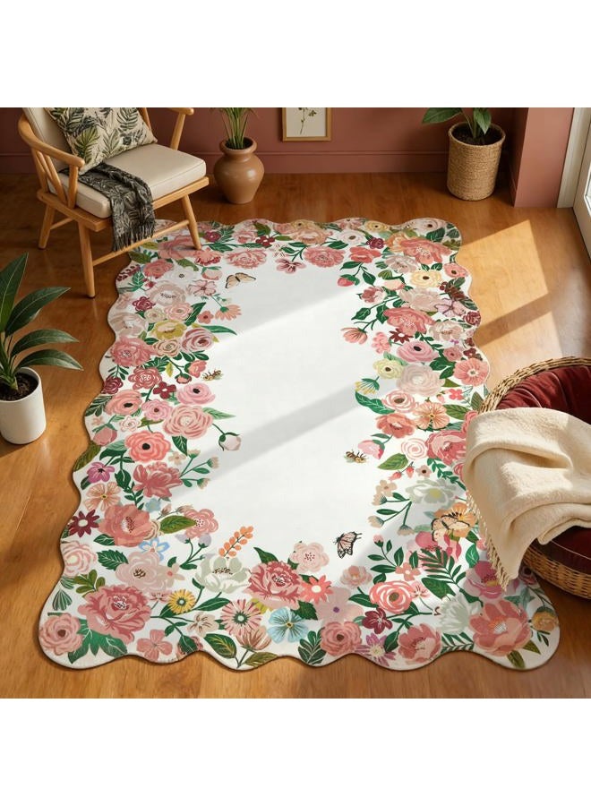 Wonnitar Washable 5x7 Rug for Living Room, Pink Camellia Floral Rugs for Bedroom Girls, Non-Slip Soft Scalloped Flower Floor Carpet for Kids Nursery Room Decor(Pink,5'x7') - Image 1