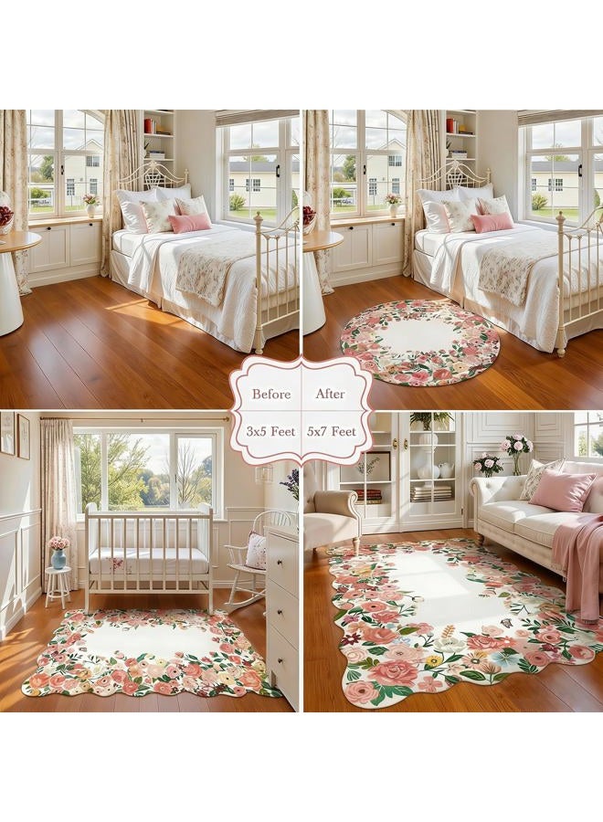 Wonnitar Washable 5x7 Rug for Living Room, Pink Camellia Floral Rugs for Bedroom Girls, Non-Slip Soft Scalloped Flower Floor Carpet for Kids Nursery Room Decor(Pink,5'x7') - Image 3