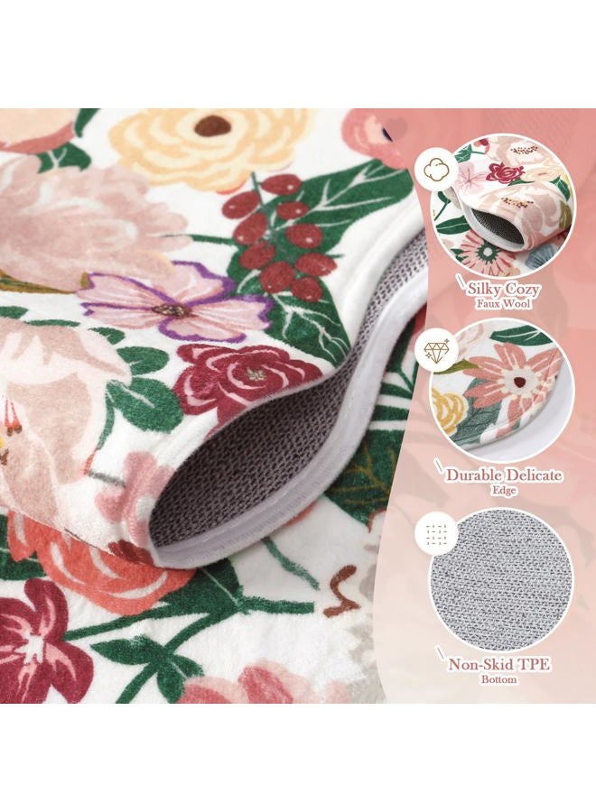 Wonnitar Washable 5x7 Rug for Living Room, Pink Camellia Floral Rugs for Bedroom Girls, Non-Slip Soft Scalloped Flower Floor Carpet for Kids Nursery Room Decor(Pink,5'x7') - Image 4