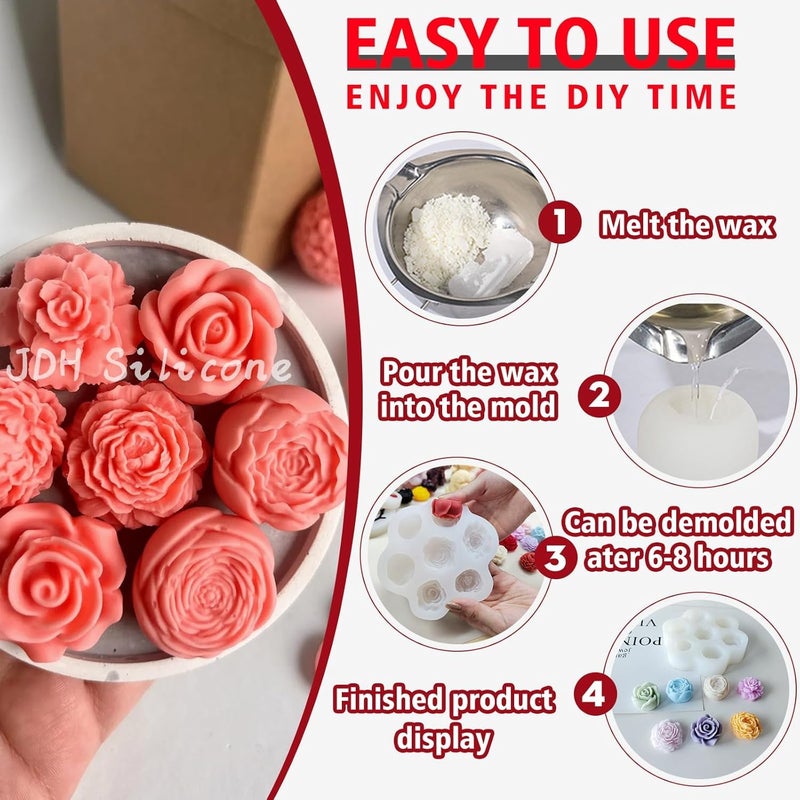 Skytail 7 Cavity Rose Peony Flower Silicone Candle Mould for Chocolate Fondant Candy Cake Decoration Cupcake Topper Jelly Dessert Ice Cube Wax Soap Bath Bomb Floral Carnation Resin Craft Jewelry Mold - Image 3
